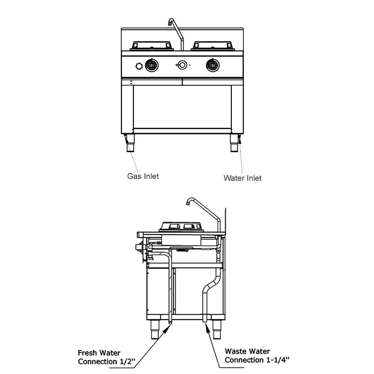 Gas wok cooker - 30 kW - 2 hobs - incl. 1 mini water column