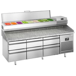 Pizza preparation table Premium PLUS- 1980x700mm - with 6 drawers - incl. refrigerated display case - 9x GN 1/4