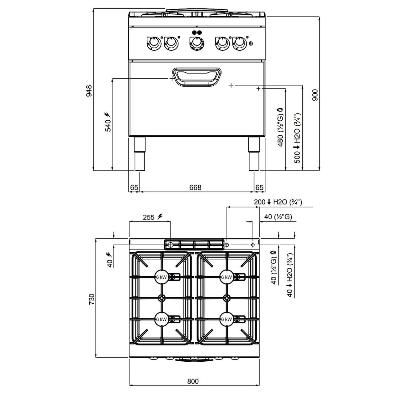 Plynový sporák - se 4 hořáky (24 kW) & elektrickou troubou (4,7 kW)