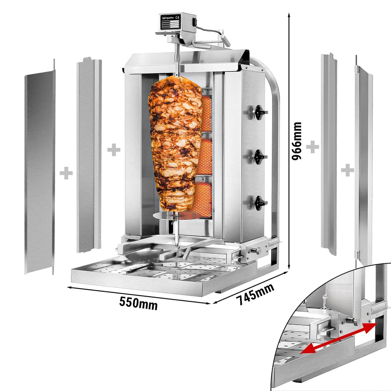 Gril na gyros/kebab - 3 hořáky (pohyblivé) - max. 40 kg - vč. ochranného plechu a křídlových dvířek