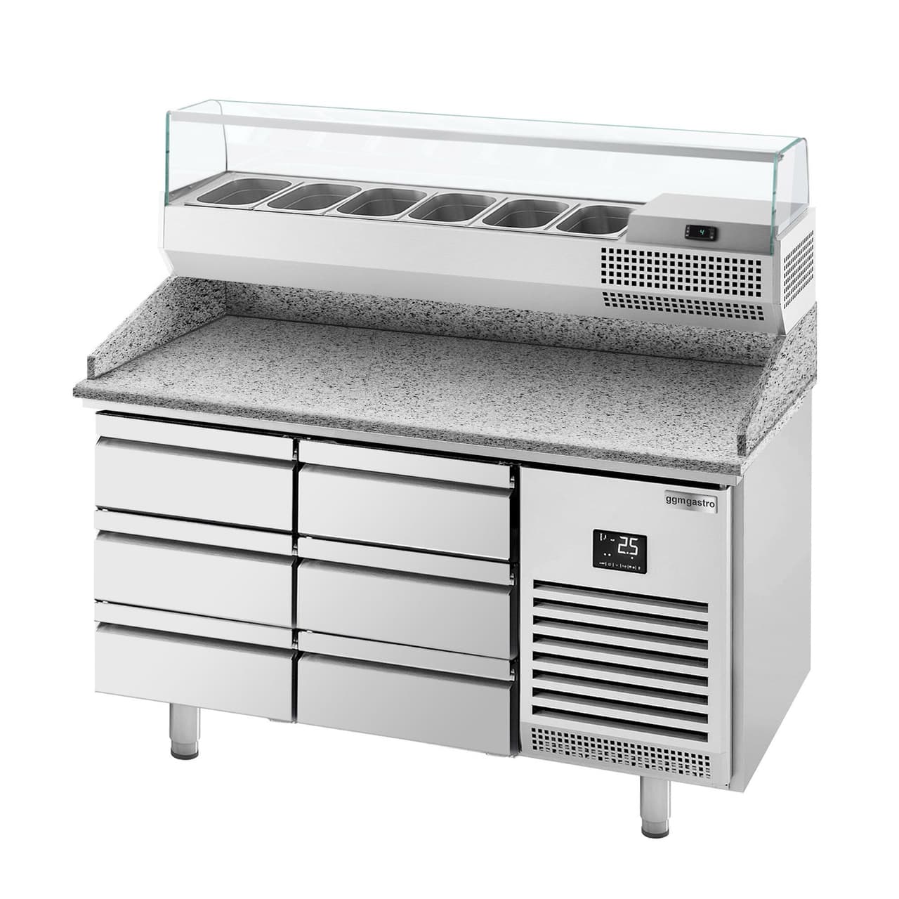 Pizza preparation table Premium PLUS - 1490x700mm - with 6 drawers - incl. refrigerated display case - 6x GN 1/4