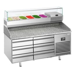 Pizza preparation table Premium PLUS - 1490x700mm - with 6 drawers - incl. refrigerated display case - 6x GN 1/4