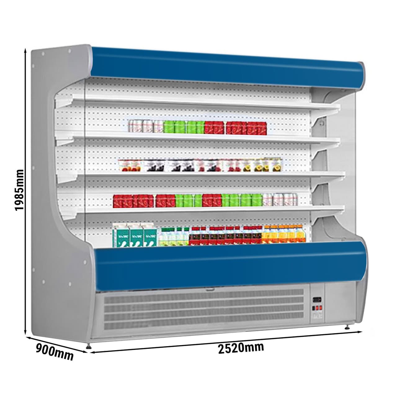 Přístěnný chladicí regál - 2520 mm - s LED osvětlením a 4 policemi - modrý čelní panel