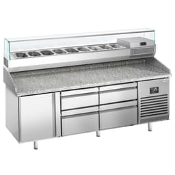 Pizza preparation table Premium PLUS - 1980x700mm - with 1 door & 4 drawers - incl. refrigerated display case - 9x GN 1/4