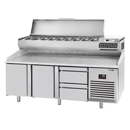 Pizza preparation table Premium PLUS- 1980x700mm - with 2 doors & 2 drawers - incl. refrigerated display case - 9x GN 1/4