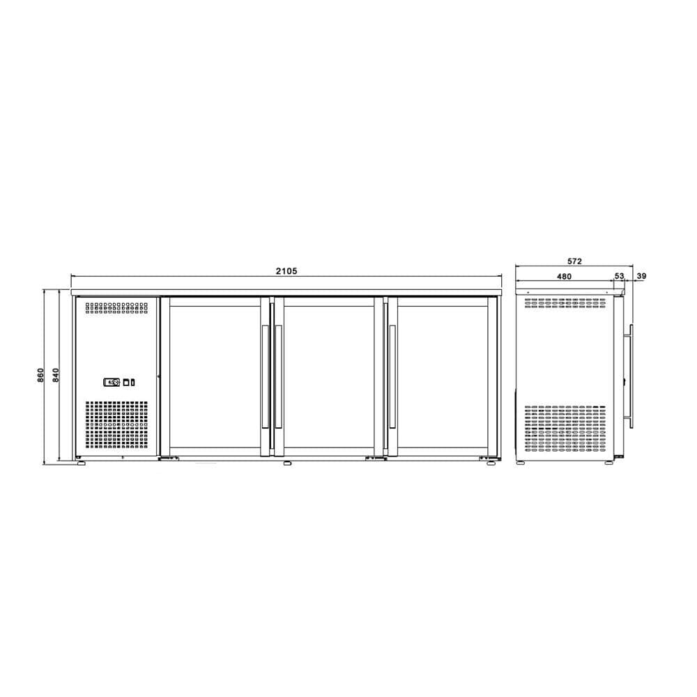 Barový/ nápojový chladicí stůl - 510L - se 3 skleněnými dveřmi