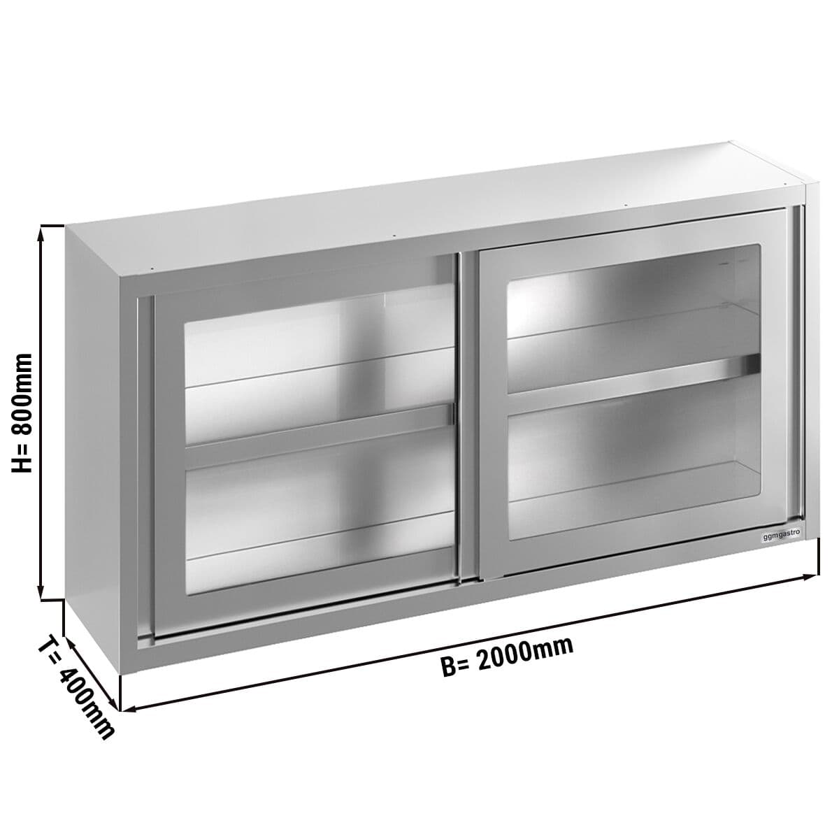 Stainless steel wall cabinet - 2000x400mm - with sliding glass door - 800mm high