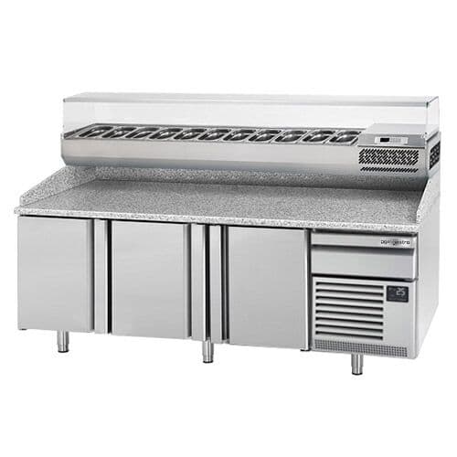 Pizza preparation table Premium PLUS- 2305x800mm - with 3 doors - incl. refrigerated display case - 11x GN 1/4