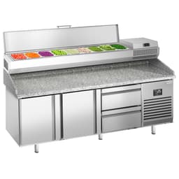 Pizza preparation table Premium PLUS- 1980x700mm - with 2 doors & 2 drawers - incl. refrigerated display case - 9x GN 1/4