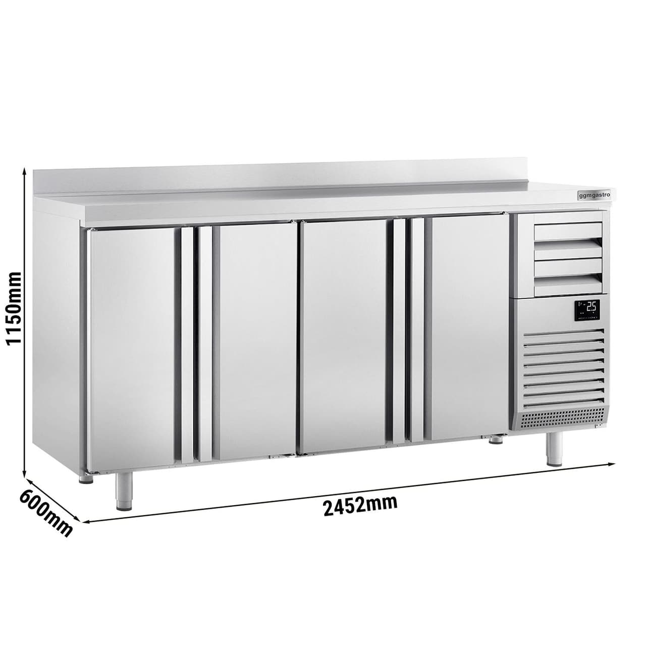 Bar- & Getränkekühltisch Premium PLUS - 2450x600mm - mit 4 Türen, 2 Schubladen & Aufkantung