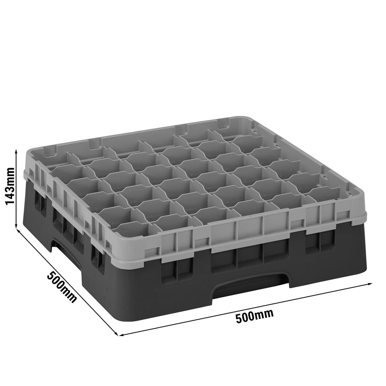 CAMBRO | CAMRACK® - Koš na sklo 1/1 s 1 nástavcem - 500x500mm - 36 přihrádek - černý