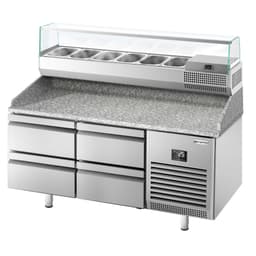 Pizza preparation table Premium PLUS - 1490x700mm - with 4 drawers - incl. refrigerated display case - 6x GN 1/4