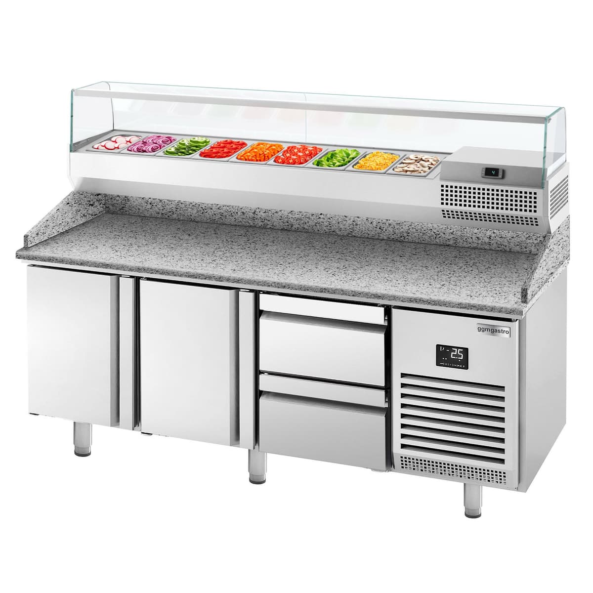 Pizza preparation table Premium PLUS - 1980x700mm - with 2 doors & 2 drawers - incl. refrigerated display case - 9x GN 1/4