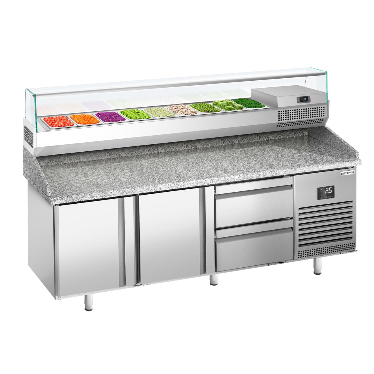 Pizza preparation table Premium PLUS - 1980x700mm - with 2 doors & 2 drawers - incl. refrigerated display case - 9x GN 1/4