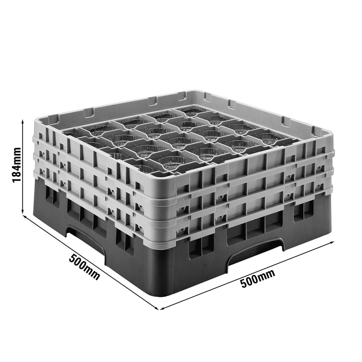 CAMBRO | CAMRACK® - Koš na sklo 1/1 se 2 nástavci - 500x500mm - 36 přihrádek - černý