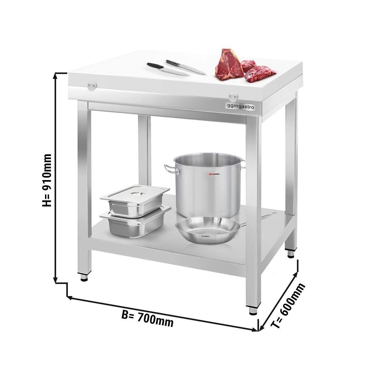 Stainless steel worktable PREMIUM - 700x600mm - with base shelf without backsplash incl. cutting plate