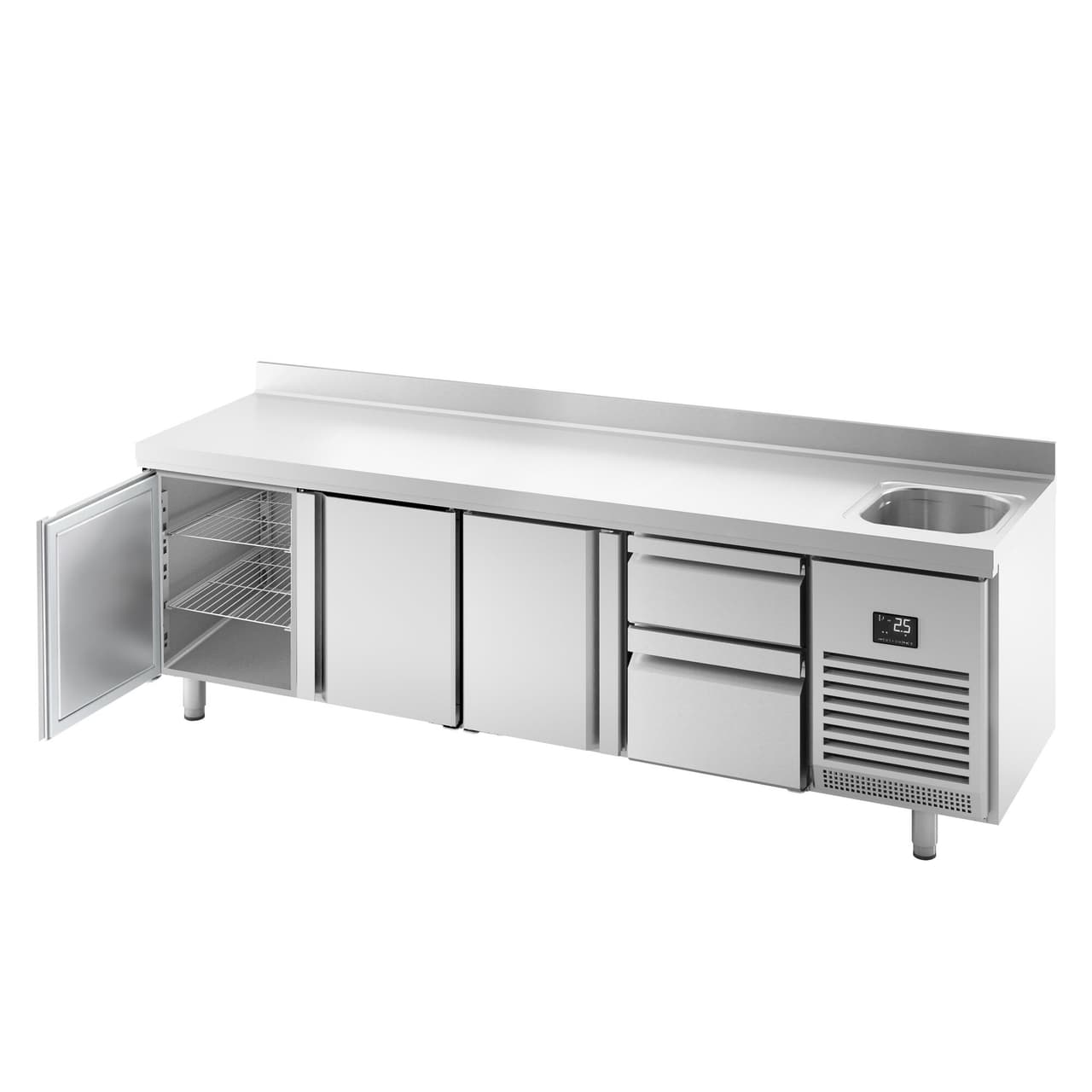 Refrigerated counter Premium PLUS - 2452x600mm - with 1 sink, 3 doors & 2 drawers & backsplash