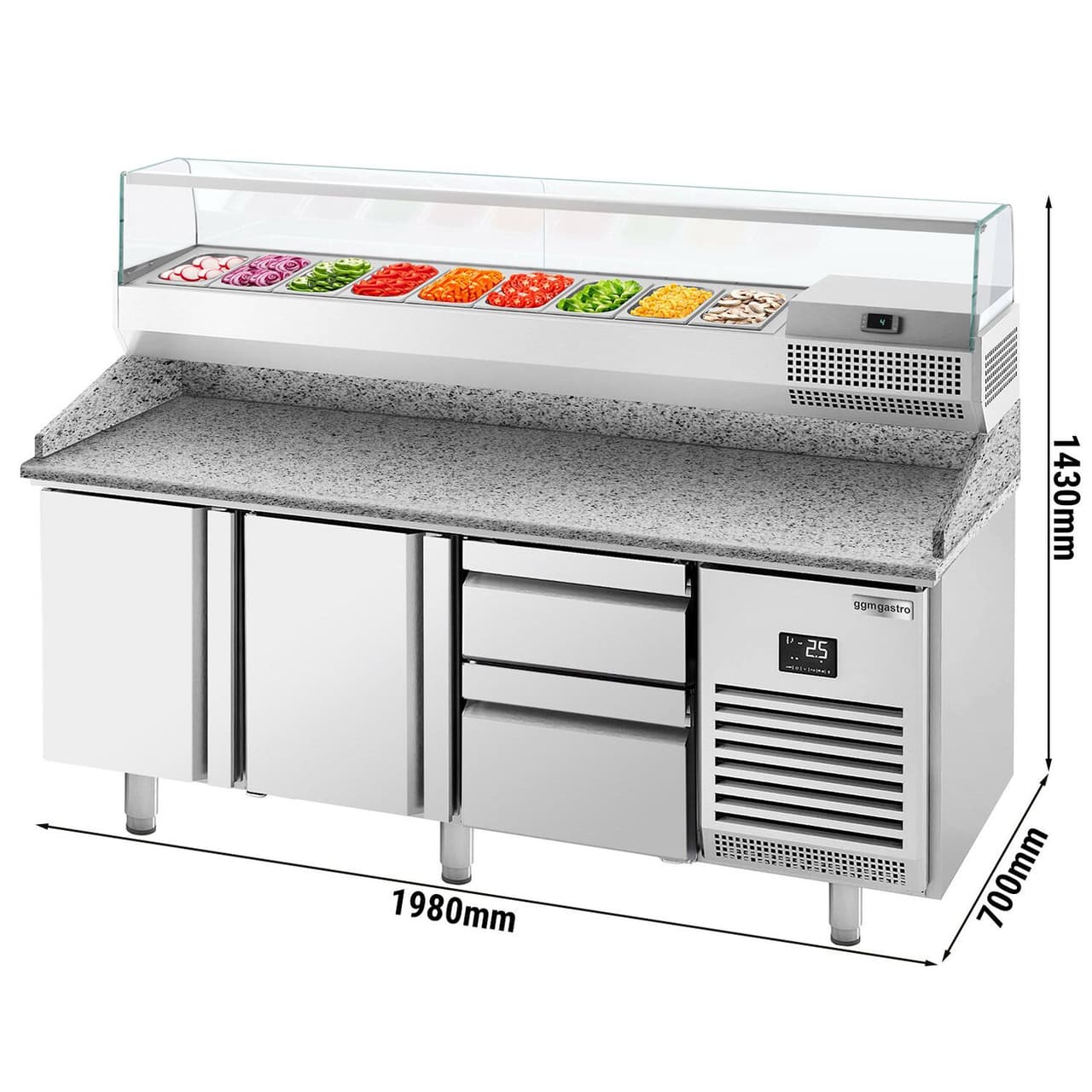 Pizza preparation table Premium PLUS - 1980x700mm - with 2 doors & 2 drawers - incl. refrigerated display case - 9x GN 1/4