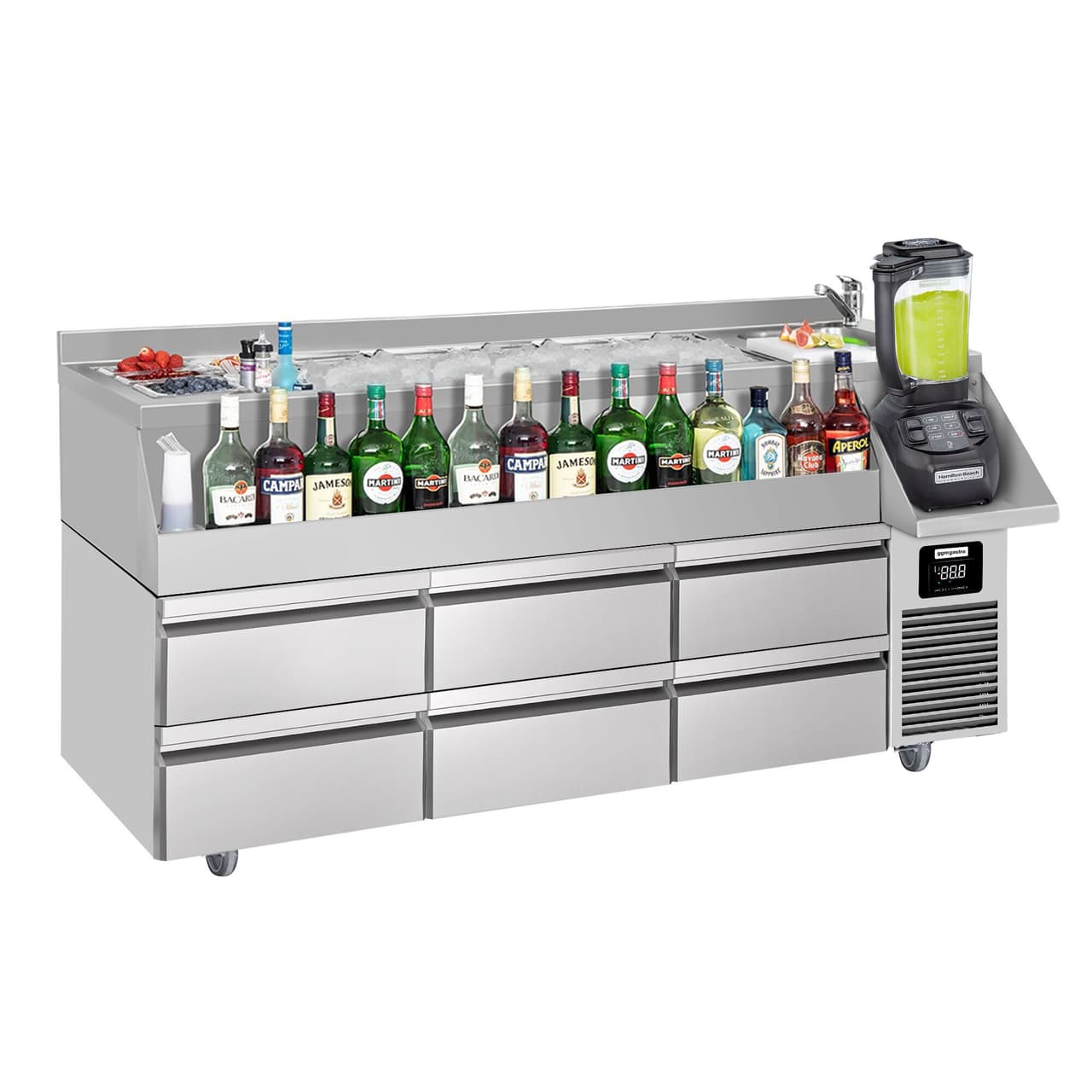 Bar/beverage cooling table - 1600x600mm- 235 Litres- with 6 drawers & shelves