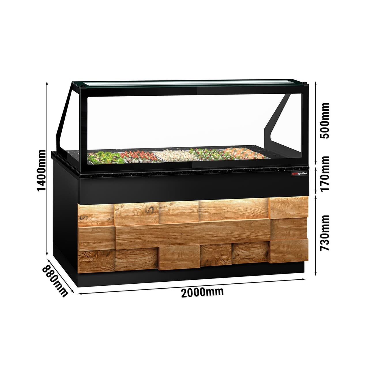 Saladette - 2000mm - 3 doors - for 5x GN 1/1 - LED lighting - wooden front - black granite