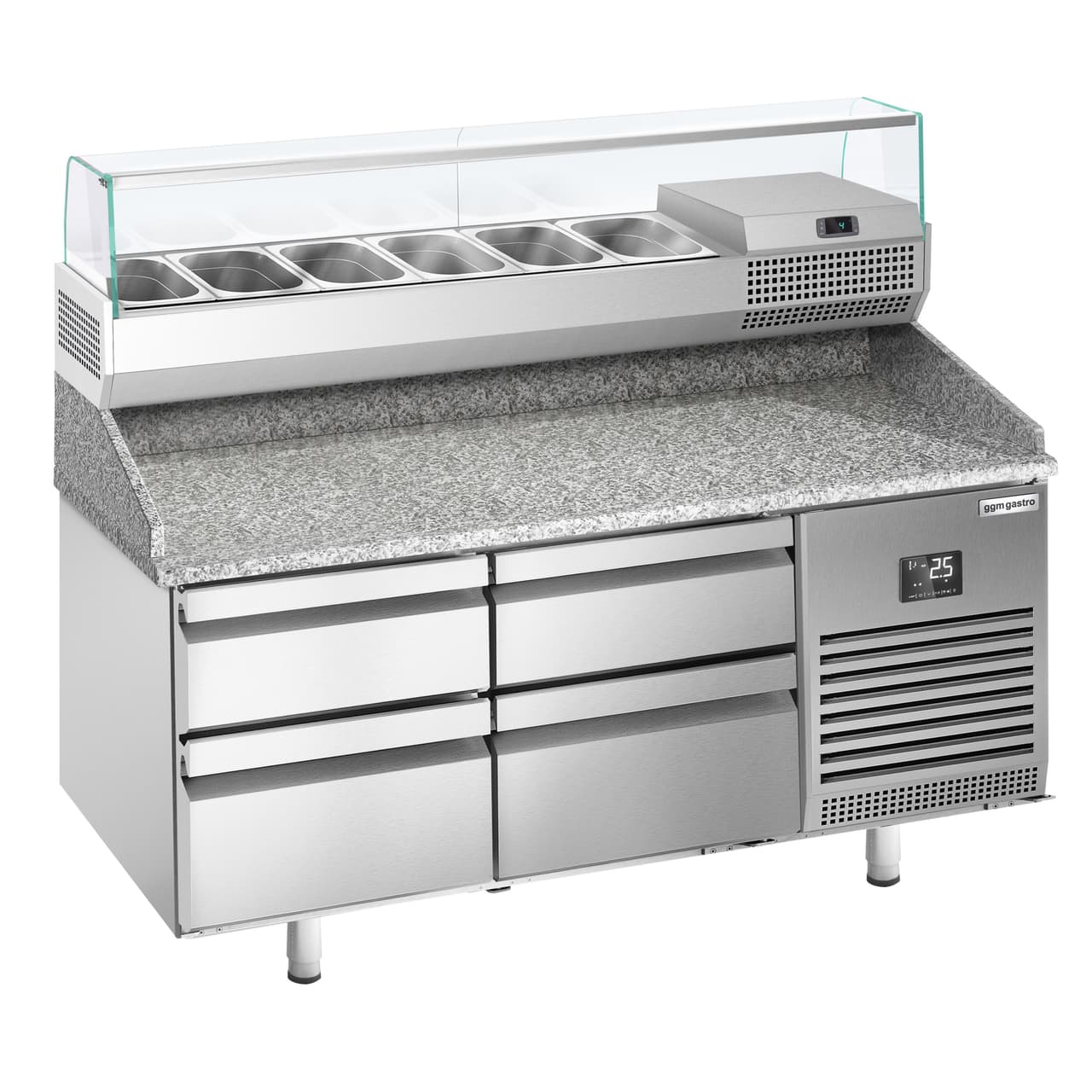 Pizza preparation table Premium PLUS - 1490x700mm - with 4 drawers - incl. refrigerated display case - 6x GN 1/4