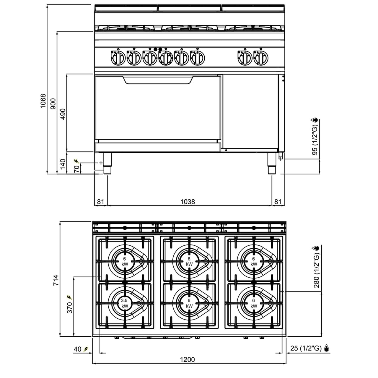 Plynový sporák 6 hořáků (33,5 kW) + elektrická trouba statická (7,5 kW)