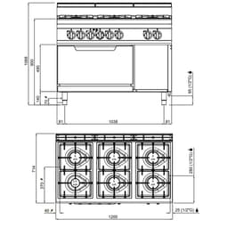 Plynový sporák 6 hořáků (33,5 kW) + elektrická trouba statická (7,5 kW)