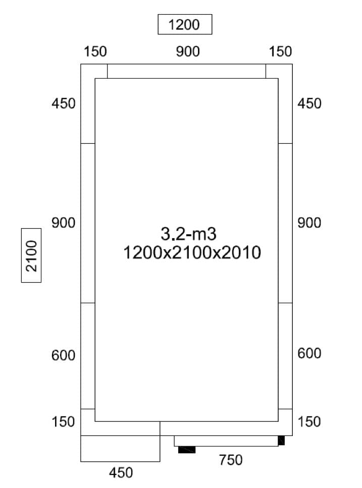 Deep-freeze cell - 1200x2100mm - 3.2m³ - incl. freezer unit & slats