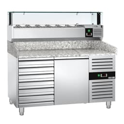 Pizzakühltisch PREMIUM - 1500x800mm - mit 1 Tür & 7 Schubladen - inkl. Kühlaufsatzvitrine LED - 7x GN 1/4