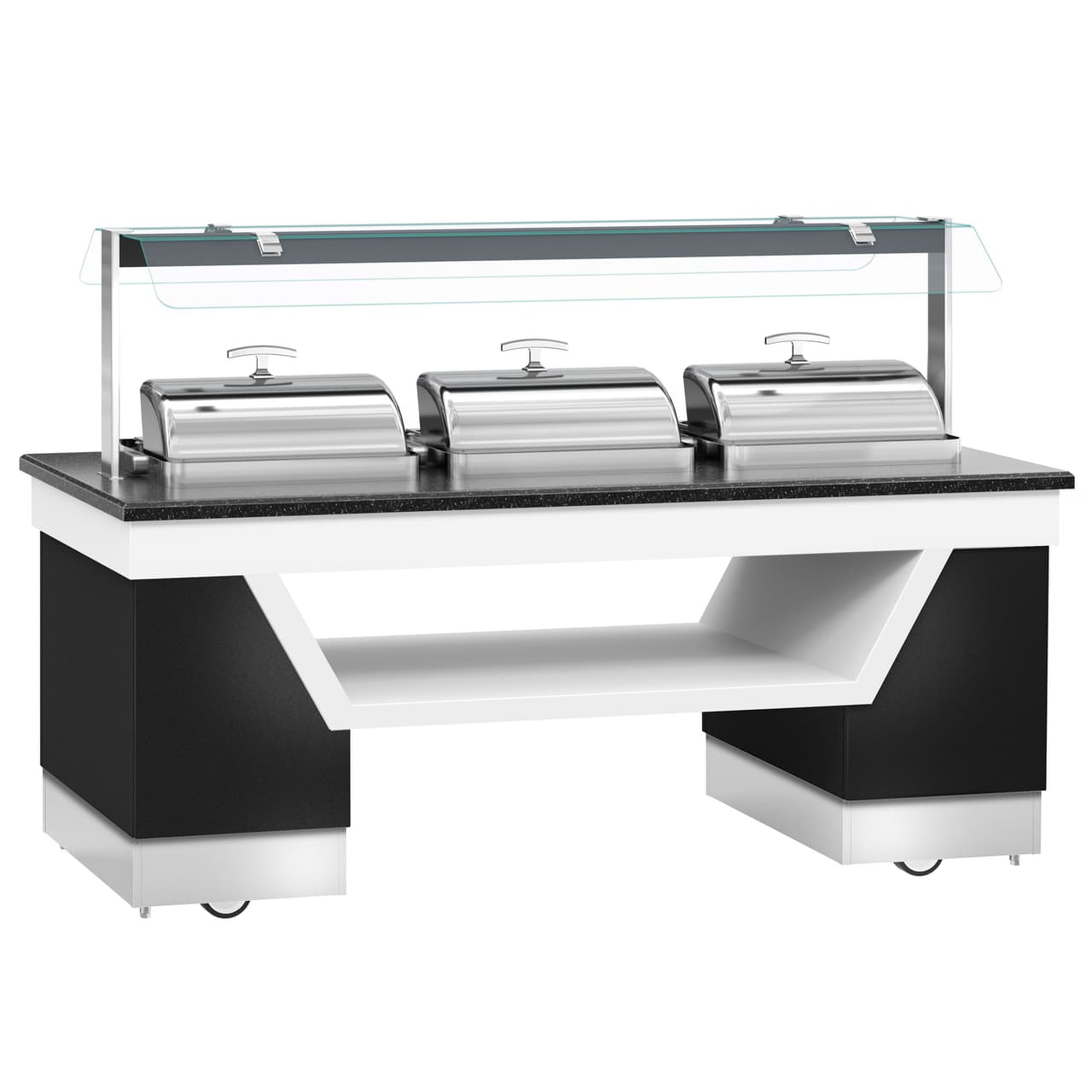 Buffettheke warm BELFAST - 2300mm - mit 3 Chafing Dishes & Rollen