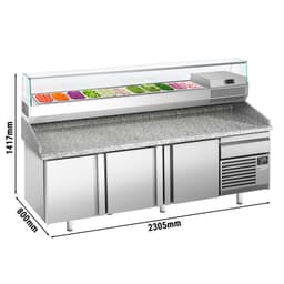 Pizzakühltisch Premium PLUS - 2305x800mm - mit 3 Türen - inkl. Kühlaufsatzvitrine - 11x GN 1/4