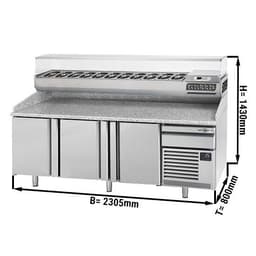 Pizza preparation table Premium PLUS- 2305x800mm - with 3 doors - incl. refrigerated display case - 11x GN 1/4