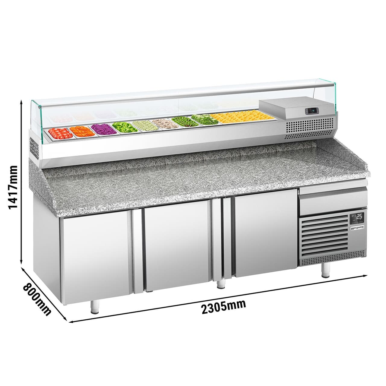 Pizzakühltisch Premium PLUS - 2305x800mm - mit 3 Türen - inkl. Kühlaufsatzvitrine - 10x GN 1/3