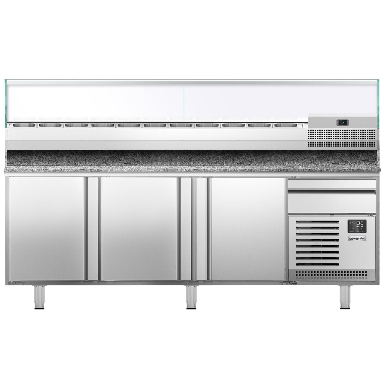 Pizzakühltisch Premium PLUS - 2305x800mm - mit 3 Türen - inkl. Kühlaufsatzvitrine - 11x GN 1/4