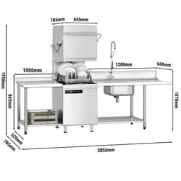 Průchozí myčka nádobí 7,1 kW - Bez vypouštěcího čerpadla - S čerpadlem mycího prostředku a přívodem oplachovacího prostředku (dvoustěnná) - S odstraňovačem vodního kamene + podávací & výstupní stůl vlevo