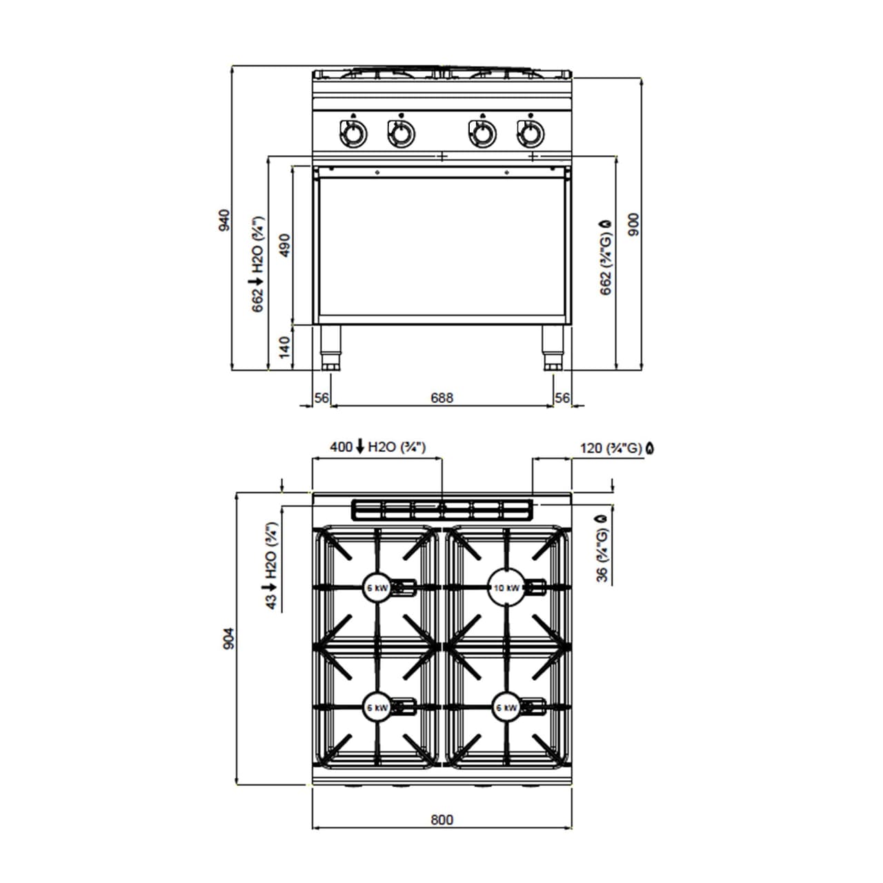 Plynový sporák - se 4 hořáky - 28 kW