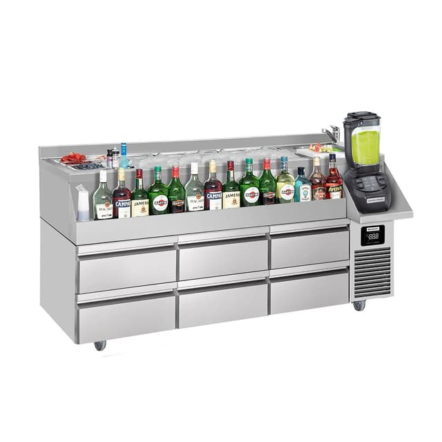 Bar/beverage cooling table - 1600x600mm- 235 Litres- with 6 drawers & shelves