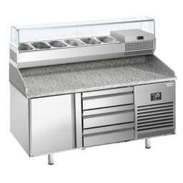 Pizza preparation table Premium PLUS - 1490x700mm - with 1 door & 3 drawers - incl. refrigerated display case - 6x GN 1/4