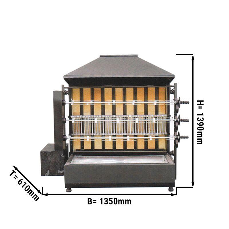 Gril na dřevěné uhlí se 3 rožni pro 15 kuřat - 1350 x 610 x 1390 mm