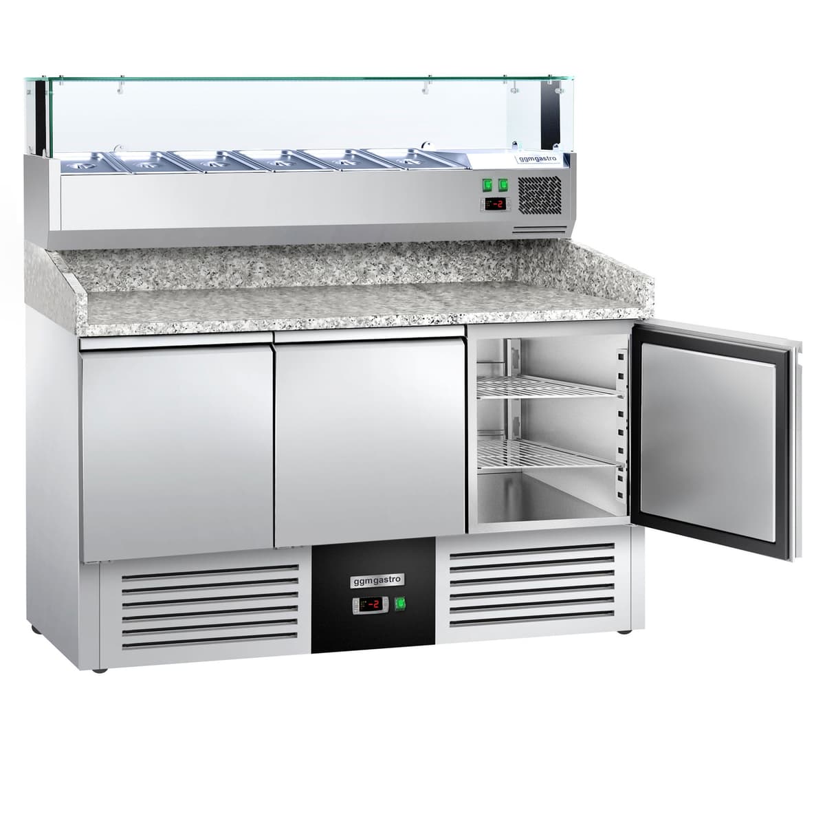 Pizza cooling table PREMIUM- 1400x700mm - 3 doors - incl. refrigerated display case - 6x GN 1/4