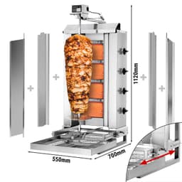 Gril na gyros/kebab - 4 hořáky (pohyblivé) - max. 60 kg - vč. ochranného plechu a křídlových dvířek