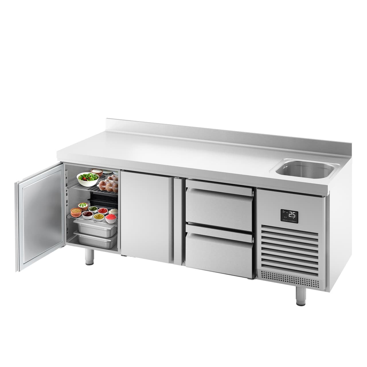 Refrigerated counter Premium PLUS - 1960x600mm - with 1 sink, 2 doors, 2 drawers & backsplash