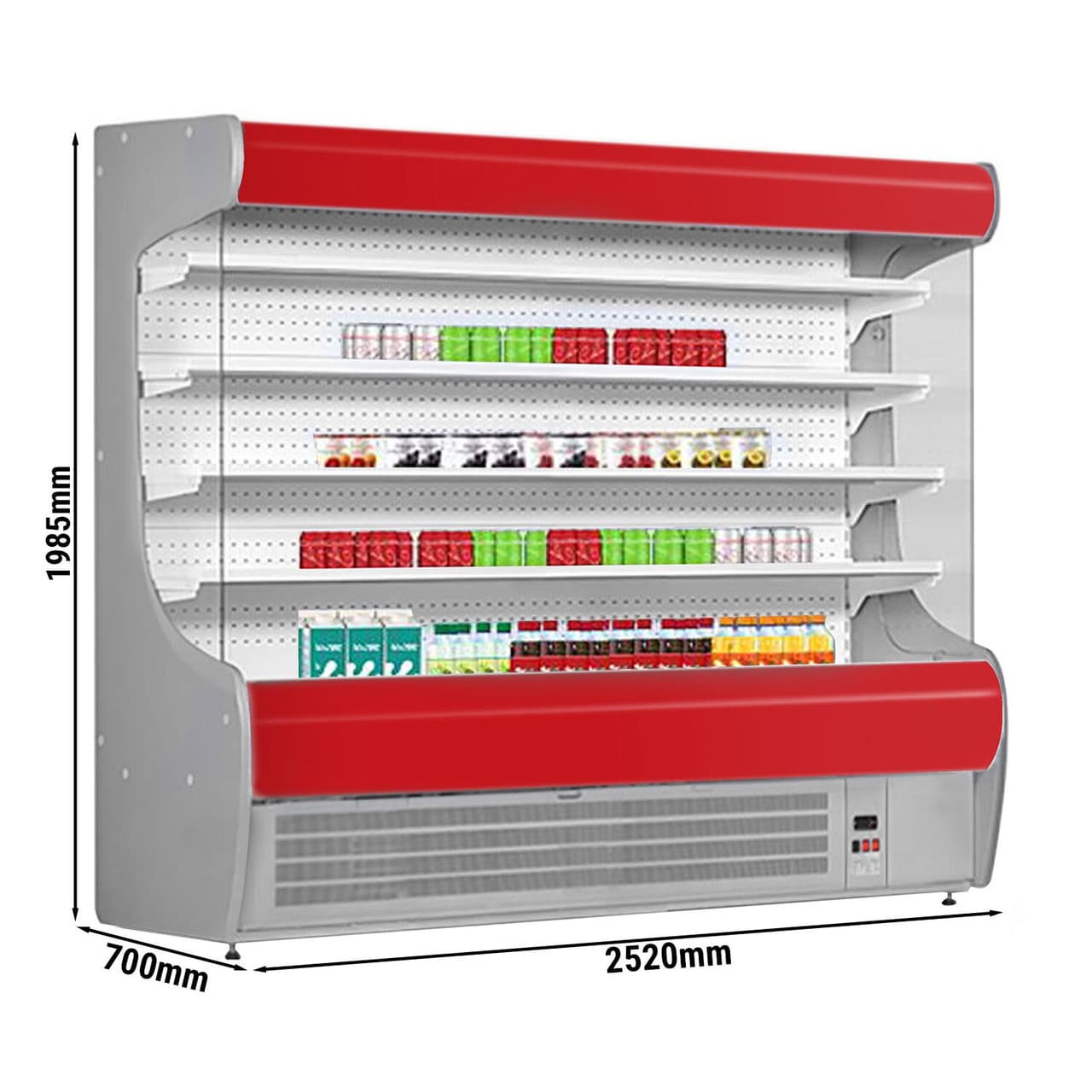 Přístěnný chladicí regál - 2520 mm - s LED osvětlením a 4 policemi - červený čelní panel