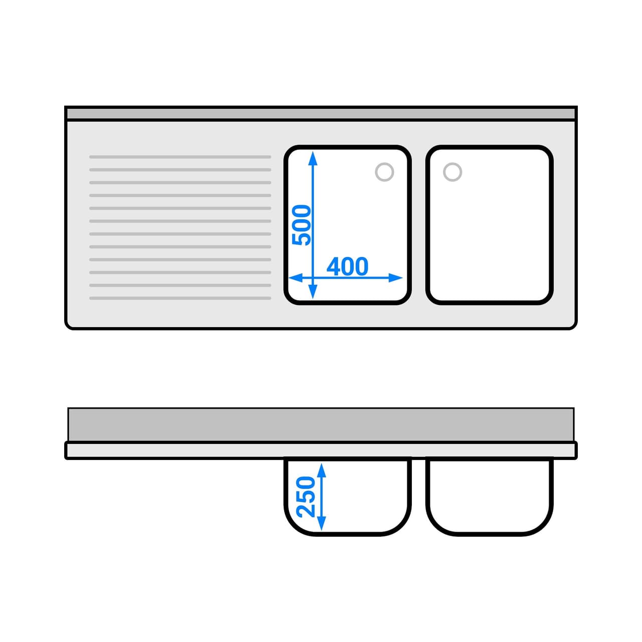 Spülmaschinen-Spültisch - 1600x700mm - mit 2 Becken rechts