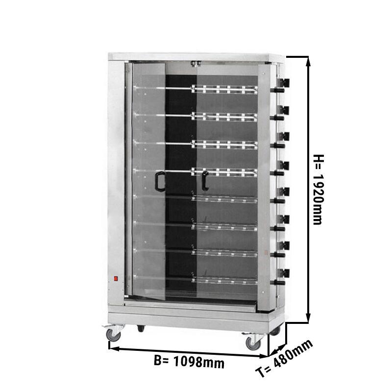 Sklokeramický elektrický gril na kuřata PREMIUM s 8 rožni pro 48 kuřat - 1098 x 480 x 1920 mm