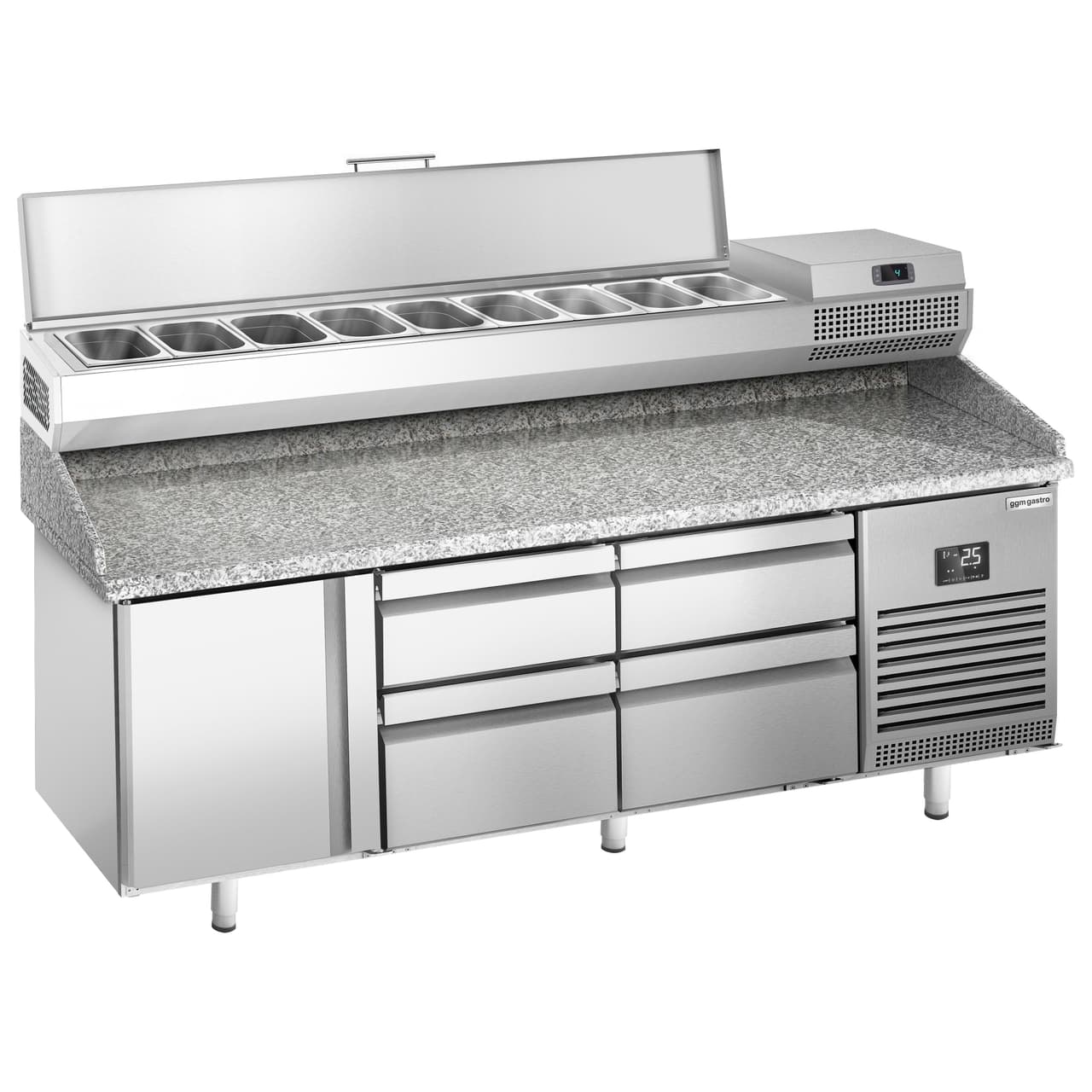 Pizza preparation table Premium PLUS- 1980x700mm - with 1 door & 4 drawers - incl. refrigerated display case - 9x GN 1/4