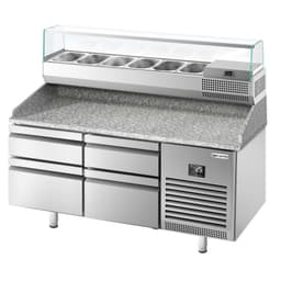 Pizza preparation table Premium PLUS - 1490x700mm - with 4 drawers - incl. refrigerated display case - 6x GN 1/4