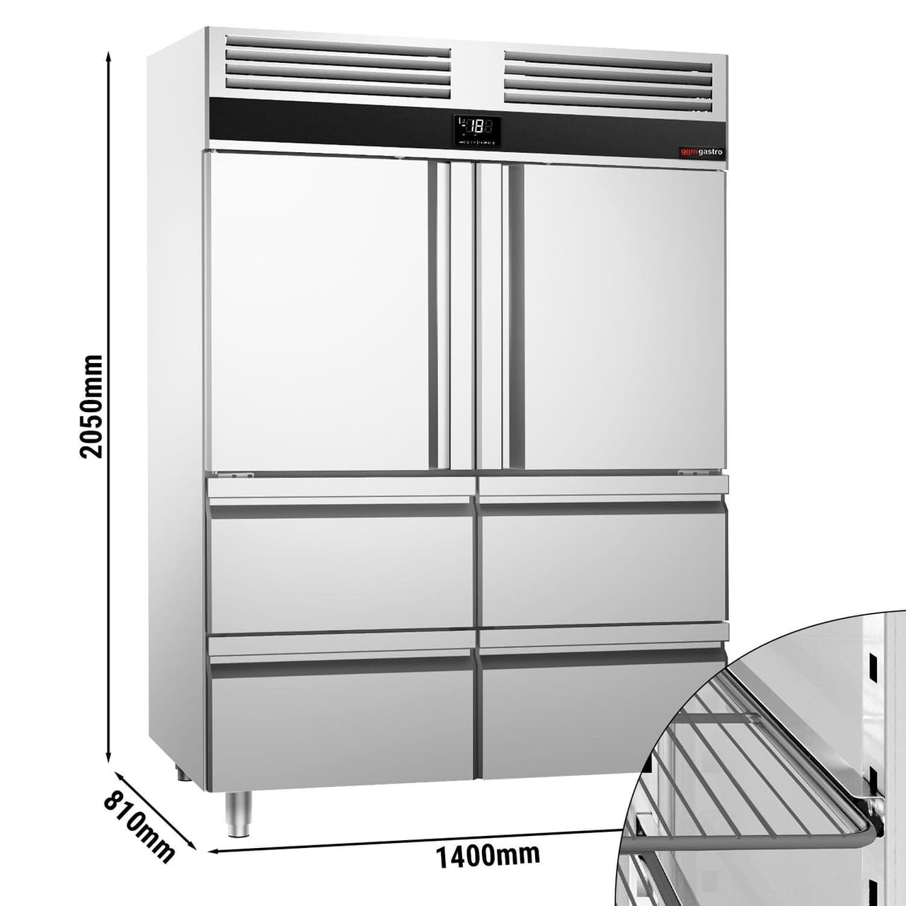 Tiefkühlschrank Edelstahl PREMIUM - GN 2/1 - 1400 Liter - mit 2 Halbtüren & 4 Schubladen