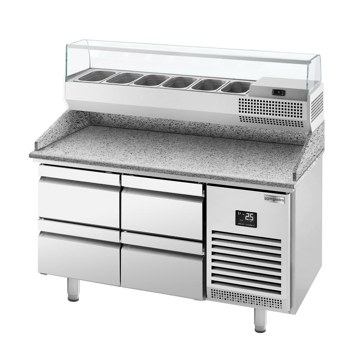 Pizza preparation table Premium PLUS - 1490x700mm - with 4 drawers - incl. refrigerated display case - 6x GN 1/4