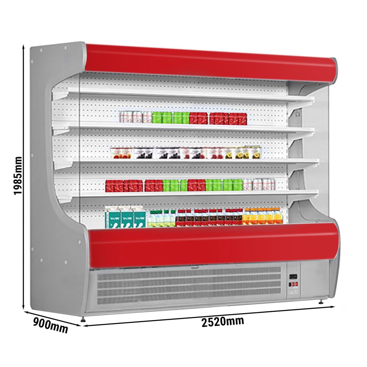 Přístěnný chladicí regál - 2520 mm - s LED osvětlením a 4 policemi - červený čelní panel